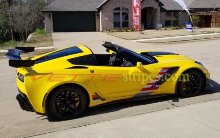 2019 yellow C7 Corvette ZR1 with C7R side stripes and optional american flag