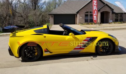 2019 yellow C7 Corvette ZR1 with C7R side stripes and optional american flag