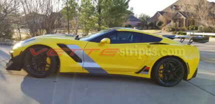 2019 yellow C7 Corvette ZR1 with C7R side stripes in 3M 1080 gloss blade silver