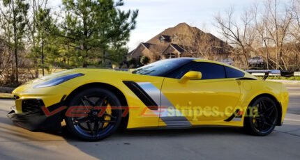 2019 yellow C7 Corvette ZR1 with C7R side stripes in 3M 1080 gloss blade silver