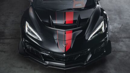 Black C8 Corvette ZR1X with gloss adrenaline full length dual racing stripes