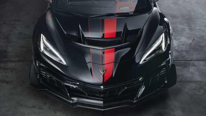 Black C8 Corvette ZR1X with gloss adrenaline full length dual racing stripes