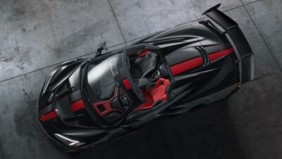 Black C8 Corvette ZR1X with gloss adrenaline full length dual racing stripes