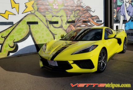 Accelerate Yellow C8 Corvette with Jake GM full length dual racing stripes in 3M 1080 gloss carbon flash