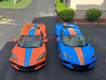 Amplified orange and rapid blue C8 Corvette with full length dual racing stripes