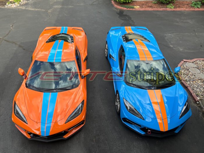 Amplified orange and rapid blue C8 Corvette with full length dual racing stripes