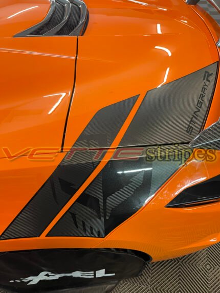 Amplified Orange C8 Corvette Stingray with 3M 2080 HG gloss carbon flash and black carbon fiber Stingray R rear fender hash marks