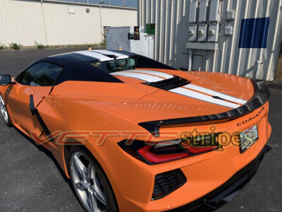 Amplified orange C8 Corvette Stingray with 3M 2080 HG white and carbon flash full length dual racing stripes
