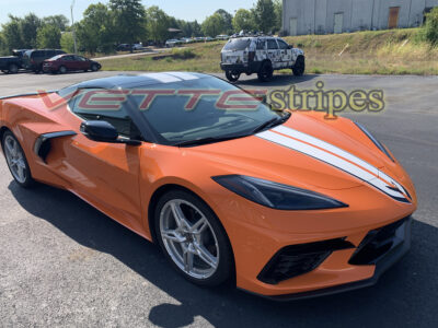 Amplified orange C8 Corvette Stingray with 3M 2080 HG white and carbon flash full length dual racing stripes