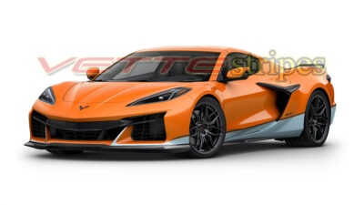 Amplified orange C8 Corvette Z06 with C8R side stripes