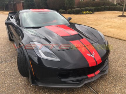 Black C7 Corvette Grand Sport with racing stripes in gloss torch red