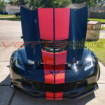 Black C7 Z06 Corvette with GM full length dual racing ME stripes in red