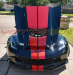 Black C7 Z06 Corvette with GM full length dual racing ME stripes in red