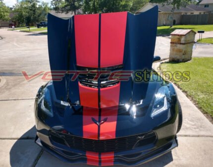 Black C7 Z06 Corvette with GM full length dual racing ME stripes in red