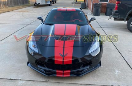 Black C7 Z06 Corvette with GM full length dual racing ME stripes in red