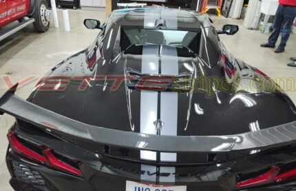 Black C8 Corvette HTC convertible with Cyber Gray dual length dual racing stripes