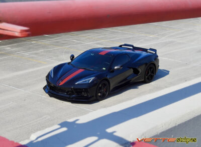 Black C8 Corvette Stingray HTC with ZR1X stripes in gloss adrenaline red and gloss carbon flash