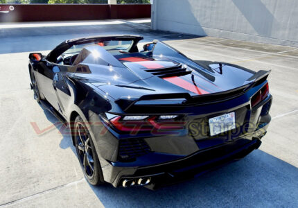 Black C8 Corvette Stingray HTC with ZR1X stripes in gloss adrenaline red and gloss carbon flash