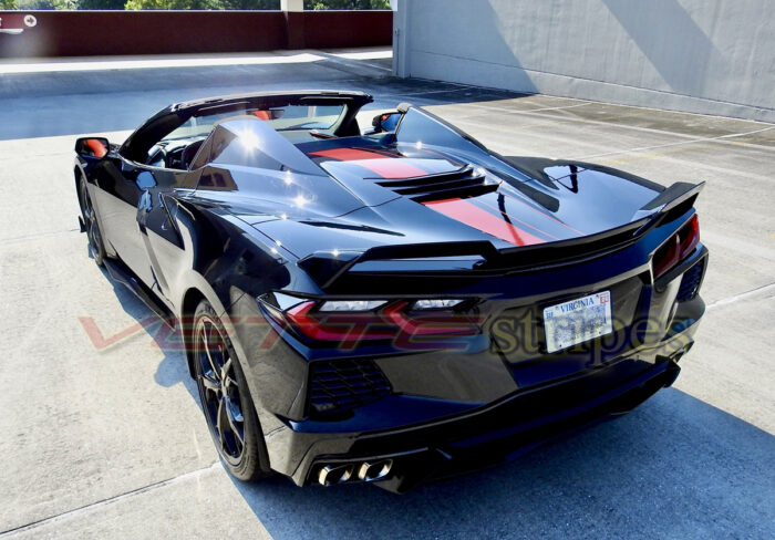 Black C8 Corvette Stingray HTC with ZR1X stripes in gloss adrenaline red and gloss carbon flash