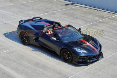 Black C8 Corvette Stingray HTC with ZR1X stripes in gloss adrenaline red and gloss carbon flash