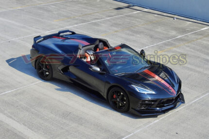 Black C8 Corvette Stingray HTC with ZR1X stripes in gloss adrenaline red and gloss carbon flash