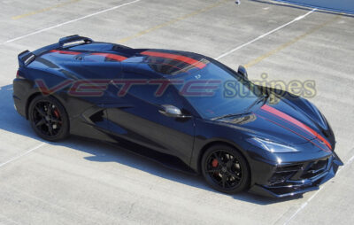 Black C8 Corvette Stingray HTC with ZR1X stripes in gloss adrenaline red and gloss carbon flash