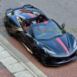 Black C8 Corvette Stingray HTC with ZR1X stripes in gloss adrenaline red and gloss carbon flash