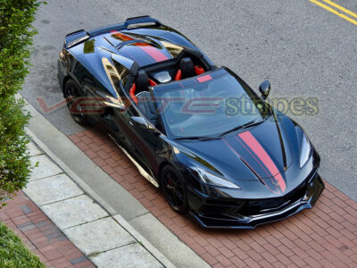Black C8 Corvette Stingray HTC with ZR1X stripes in gloss adrenaline red and gloss carbon flash