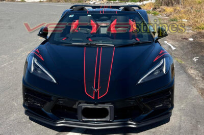 Black C8 Corvette Stingray HTC with carbon flash and adrenaline red full length dual racing stripes
