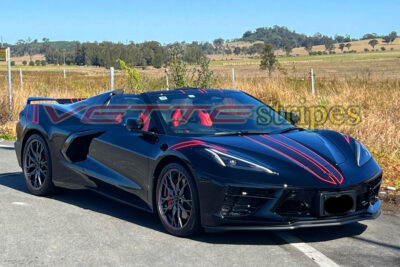 Black C8 Corvette Stingray HTC with carbon flash and adrenaline red full length dual racing stripes