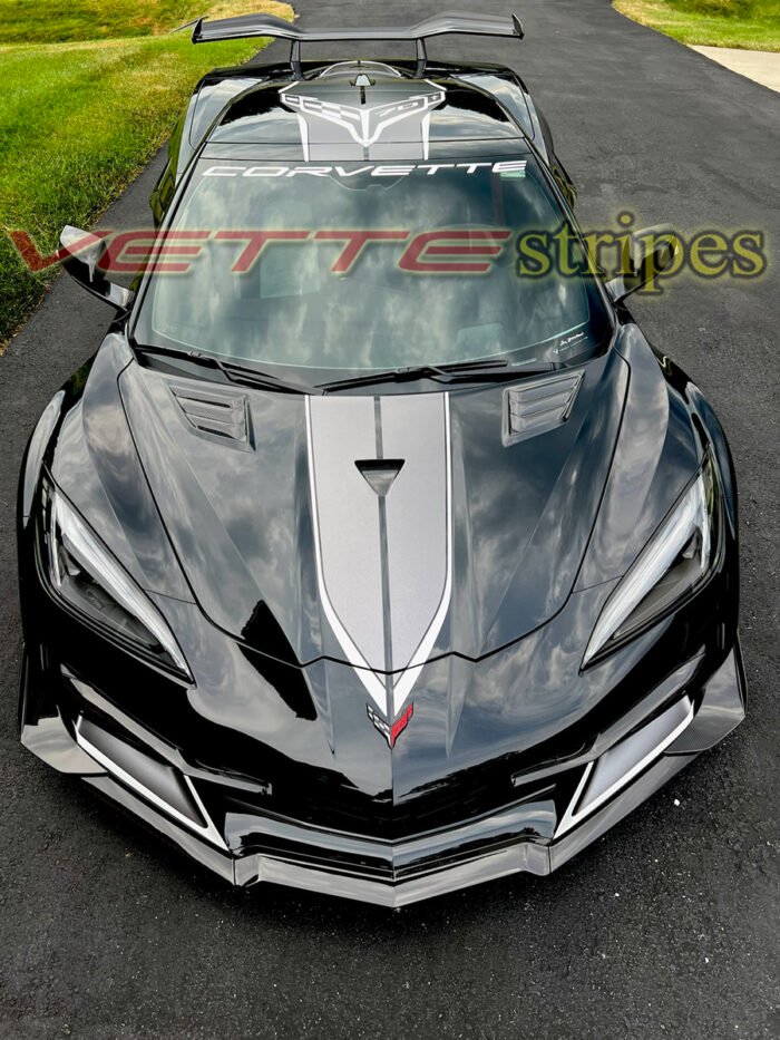 Carbon flash C8 Z06 HTC with satin midnight gray and satin sky cool grey C8R racing stripes