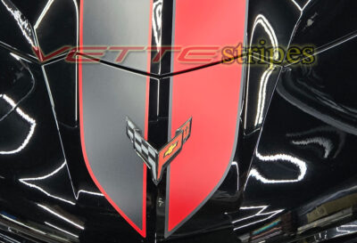 Black C8 Corvette ZR1 with asymmetrical full length dual racing stripes in satin carbon flash and satin red