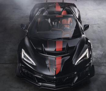 Black C8 Corvette ZR1X with gloss adrenaline full length dual racing stripes