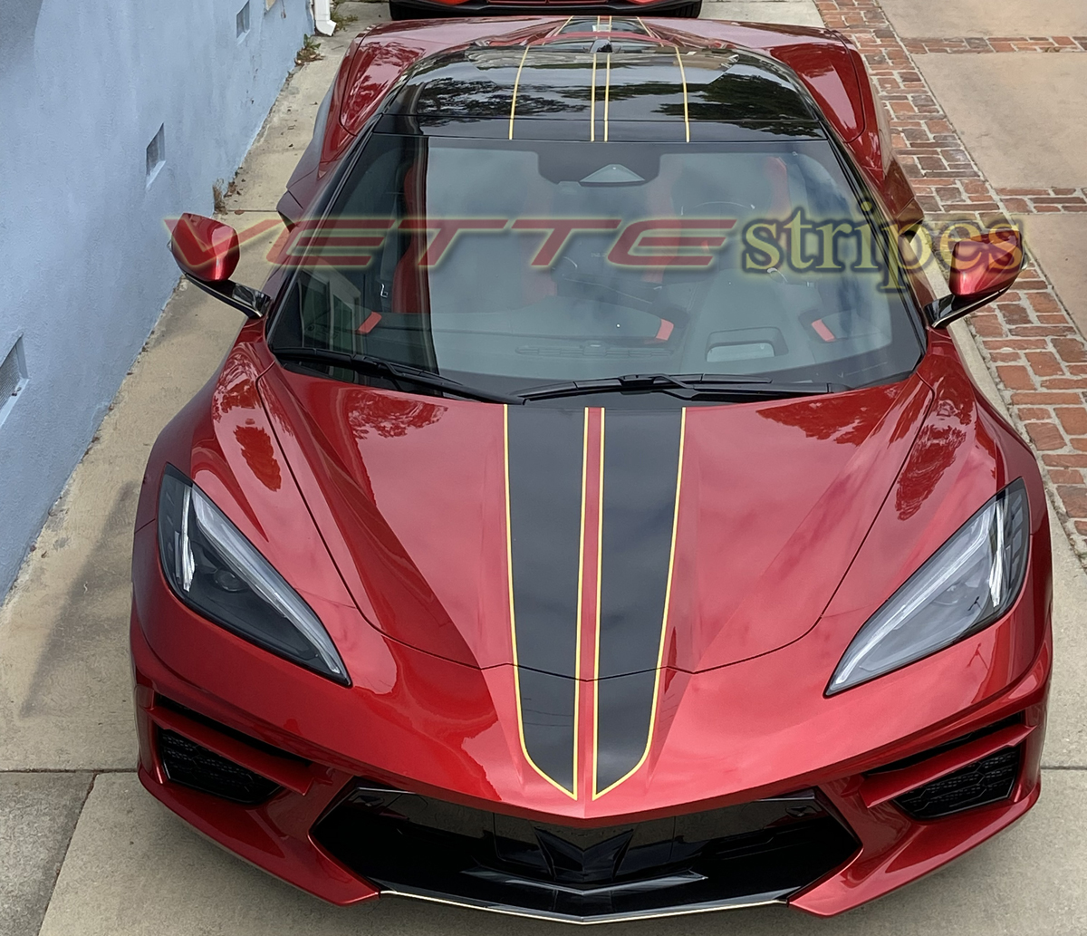 C8 Corvette Stingray HTC with GM full length dual racing stripes in gloss carbon flash and satin yellow C8 Corvette Stingray HTC with GM full length dual racing stripes in gloss carbon flash and satin yellow
