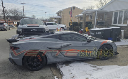 C8 Corvette Z06 sea wolf gray with red carbon fiber front fender hash marks