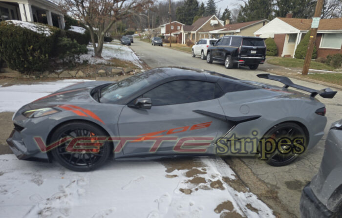 C8 Corvette Z06 sea wolf gray with red carbon fiber front fender hash marks