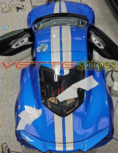 C8 Corvette Z06 with GM Full length dual racing stripes in 3M 2080 HG gloss silver flare and carbon flash