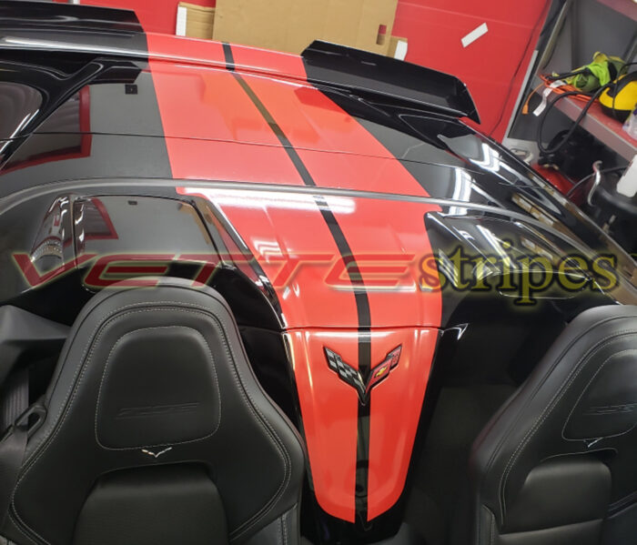 Black C7 Z06 Corvette with GM full length dual racing ME stripes in red