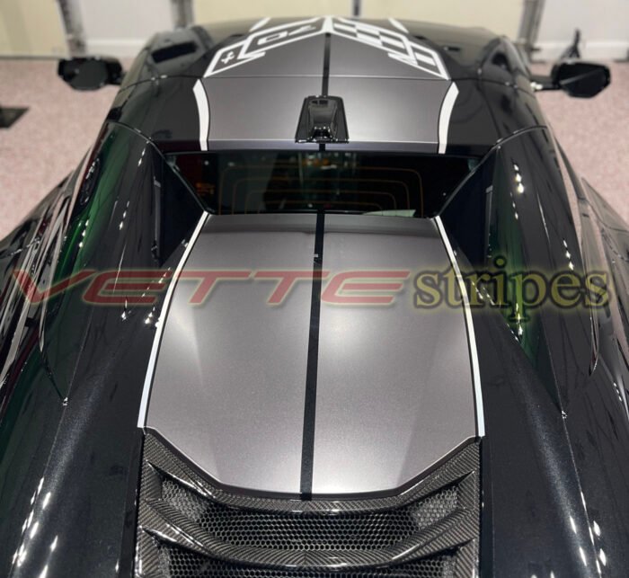 Carbon flash C8 Z06 HTC with satin midnight gray and satin sky cool grey C8R racing stripes