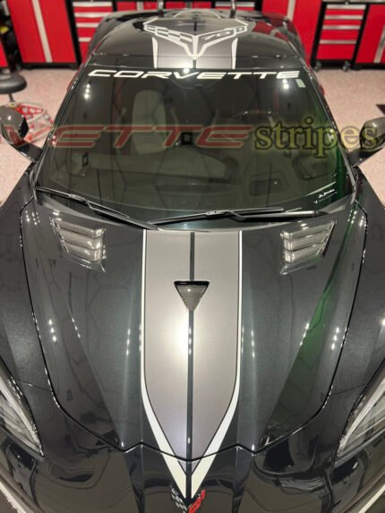 Carbon flash C8 Z06 HTC with satin midnight gray and satin sky cool grey C8R racing stripes