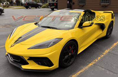 Competition Yellow C8 Corvette Stingray with gloss carbon flash dual racing stripes ME2