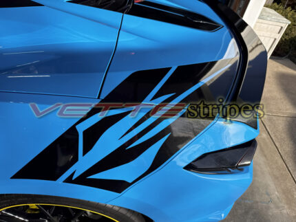 Elkhart Blue C8 Corvette Stingray HTC with rear stingray fish fender hash stripes in gloss carbon flash