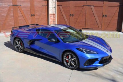 Elkhart lake blue C8 Corvette with GM full length racing stripes in gloss blade silver five eighth wider front stripes