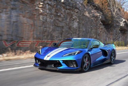 Elkhart lake blue C8 Corvette with GM full length racing stripes in gloss blade silver five eighth wider front stripes