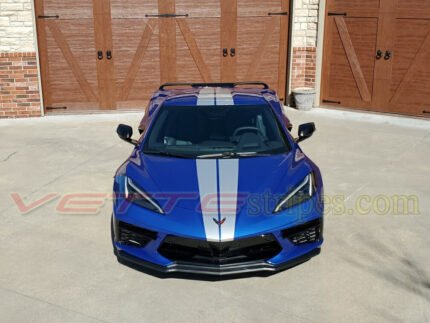 Elkhart lake blue C8 Corvette with GM full length racing stripes in gloss blade silver five eighth wider front stripes