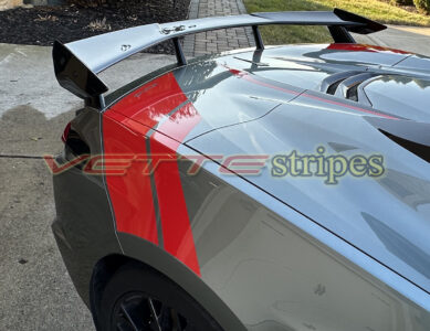 Hypersonic Gray C8 Corvette Stingray with solid gloss red rear fender hash stripes