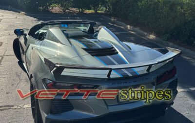 Hypersonic gray C8 Corvette Stingray HTC with 3M 2080 HG carbon flash and tension blue full length dual racing stripes
