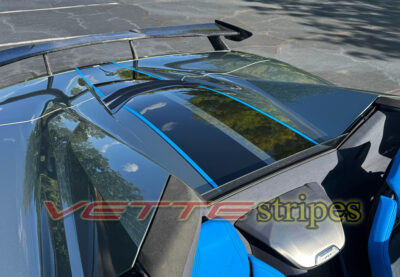 Hypersonic gray C8 Corvette Stingray HTC with 3M 2080 HG carbon flash and tension blue full length dual racing stripes