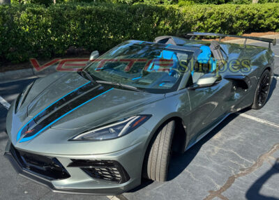 Hypersonic gray C8 Corvette Stingray HTC with 3M 2080 HG carbon flash and tension blue full length dual racing stripes