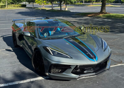 Hypersonic gray C8 Corvette Stingray HTC with 3M 2080 HG carbon flash and tension blue full length dual racing stripes